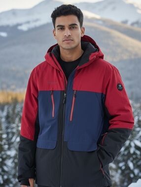 Men's Obermeyer Colorblock Hooded Winter Jacket - Red/Navy/Black.
